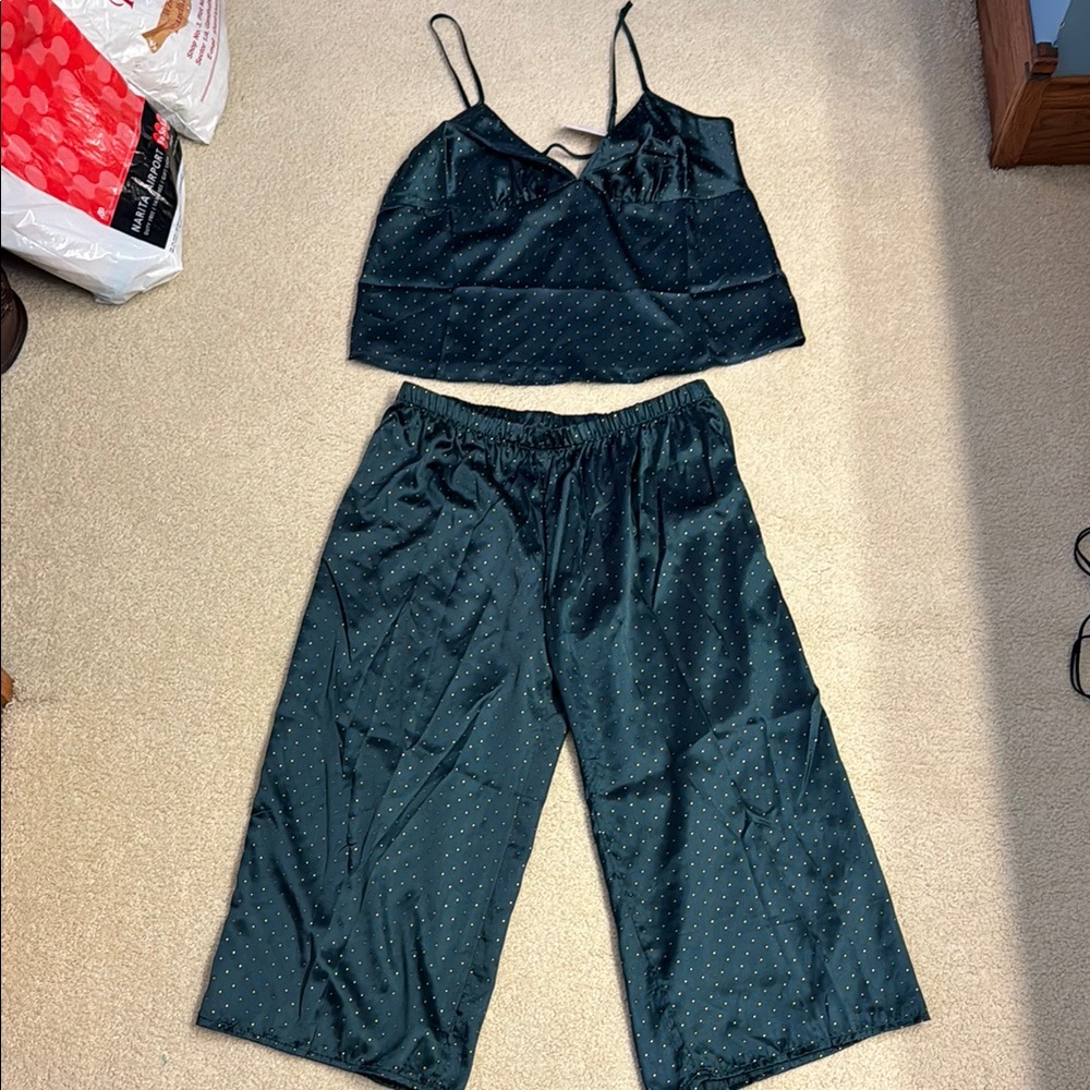 Women's dark green and gold polka dot Satin Sleepwear Set - NEW